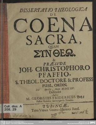 Dissertatio Theologica De Coena Sacra
