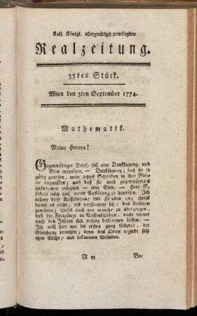 35tes Stück. Wien den 3ten September 1774.