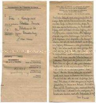 Brief von Harald von Koenigswald aus dem Kriegsgefangenenlager in Sarrebourg an seine Frau in Potsdam - Familienkonvolut