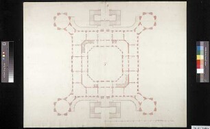 Grundriss eines quadratischen Schlossneubaus mit herausgesetzten runden Ecktürmen und einem achteckigem Innenhof