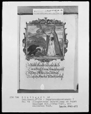 Flugschrift mit Illustrationen aus den Papstprophezeiungen mit antipäpstlichen Spottversen — Allegorische Darstellung zu Papst Benedikt 12. (1334-1342), Folio 14recto