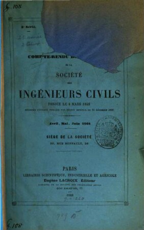 Mémoires de la Société des Ingénieurs Civils de France. 21. 1868, Nr. 2