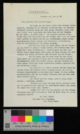 Abschrift des Briefes an Kapitän Rogge von Heinz Höner