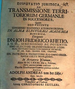 Disputatio Juridica, De Transmissione Territoriorum Germaniae In Successores