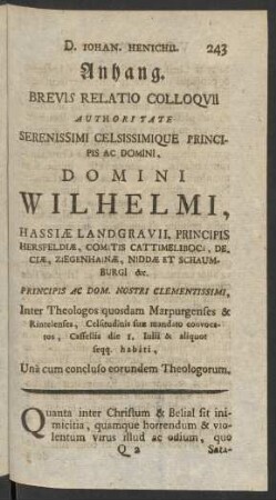 Anhang. Brevis Relatio Colloquii ... Domini Wilhelmi, Hassiae Landgravii ...