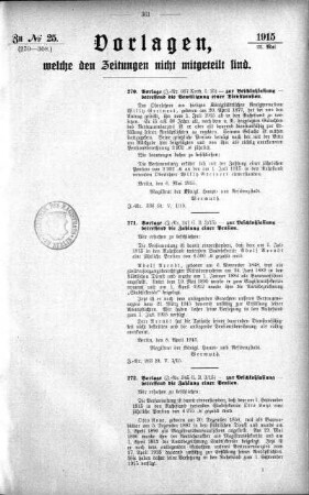 Anlage: zu No.25 (270-308), Vorlagen, welche den Zeitungen nicht mitgeteilt sind