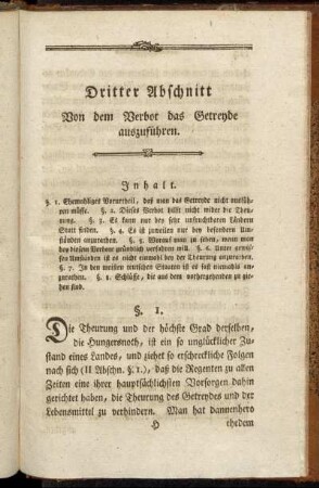 Dritter Abschnitt Von dem Verbot das Getreyde auszuführen