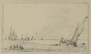 Segelschiff vor dem Wind, links Ruderkahn