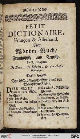 Petit dictionaire, François & Allemand/ Neu Wörter-Buch Frantzösisch und Teutsch