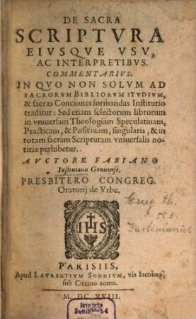 De Sacra Scriptura : eiusque usu Commentarius