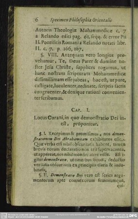 Cap. I. Locus Corani, in quo demonstratio Dei inest, proponitur