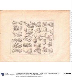 Livre D'Ornements de Trophés, Culs de Lampes, et Devises. Inventés par Gillot et Gravés par Huquier. se vendent chez luy A Paris ... 1732. et chez la veuve de F. Chereau ...