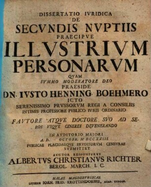 Diss. iur. de secundis nuptiis, praecipue illustrium personarum