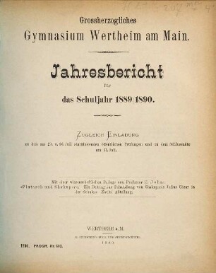 Jahresbericht : für das Schuljahr .... 1889/90
