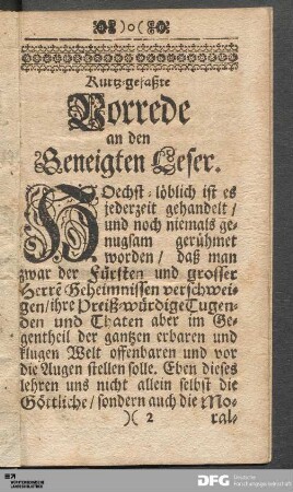 Kurtz-gefaßte Vorrede an den Geneigten Leser.