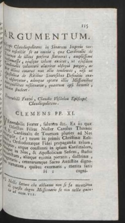 Argumentum. Episcopo Claudiopolitano in Sinarum Imperio versanti ... Venerabili Fratri, Claudio Visdelou Episcopo ... Clemens PP. XI.