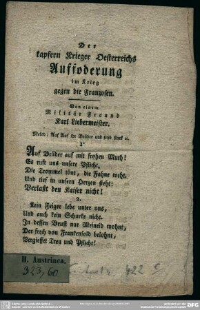 Der tapfere Krieger Österreichs : Aufforderung im Krieg gegen die Franzosen