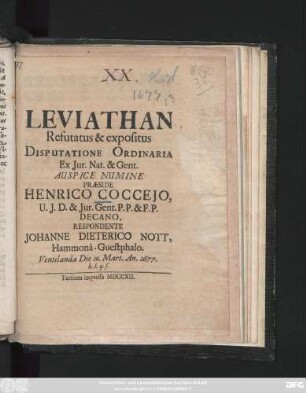 Leviathan : Refutatus & expositus Disputatione Ordinaria Ex Jur. Nat. & Gent.