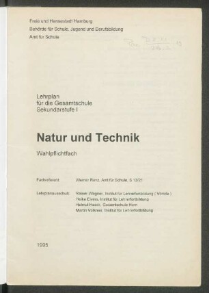 Lehrplan für die Gesamtschule Sekundarstufe 1 : Natur und Technik Wahlpflichtfach