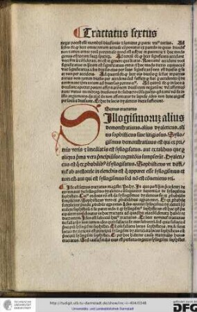 Sextus tractatus. Sillogismorum alius demonstrativus, alius dyalecticus, alius sophisticus vel litigiosus.