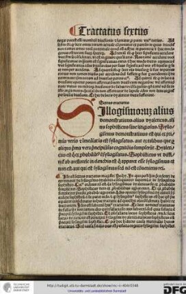 Sextus tractatus. Sillogismorum alius demonstrativus, alius dyalecticus, alius sophisticus vel litigiosus.