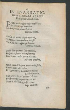 In Enarrationem Pindari Versus Philippi Melanthonis.