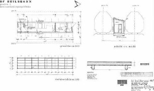 Heilbronn Hbf: Rangierbahnhof / Hemmschuhlegergebäude Posten 1 - Dachdraufsicht, -aufbau; Querschnitt Nebengeb.
