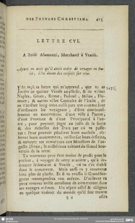 Lettre CVI [i.e. CVII]. A Zeidi Alamanzi, Marchand à Venise