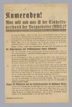 "Kameraden! Was will und was ist der Einheitsverband der Bergarbeiter (RGO.)?"
