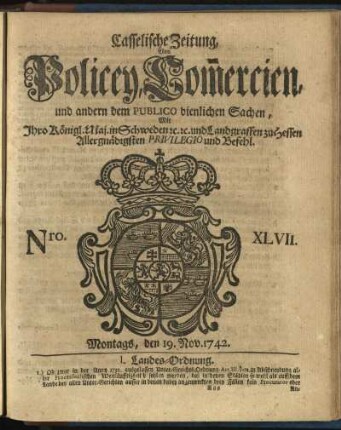 Nro. XLVII, Montags, den 19. Nov. 1742