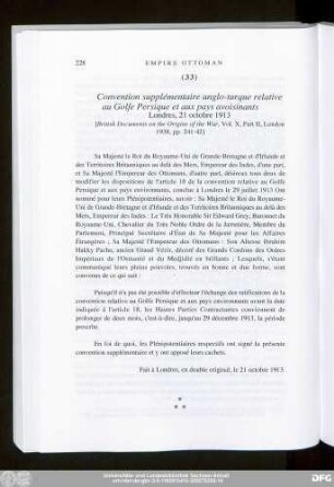 (33) Convention supplémentaire anglo-turque relative au Golfe Persique et aux pays avoisinants Londres, 21 octobre 1913