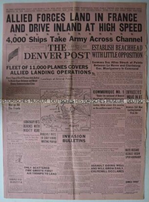 US-Amerikanische Tageszeitung "The Denver Post" mit Leitartikel zur Landung der alliierten Streitkräfte in der Normandie