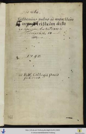 [1r] Besitzvermerk des Collegium Pacis Freiburg sowie Hinweis auf Trithemius.