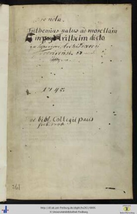[1r] Besitzvermerk des Collegium Pacis Freiburg sowie Hinweis auf Trithemius.