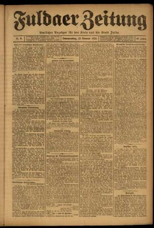 Erste Ausgabe vom Donnerstag, den 13. Januar 1921.
