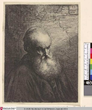 [Brustbild eines alten Mannes mit einem langen weißen Bart; Bust of an old man with a large white beard]