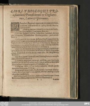 Libri Theologici Protestantium, Pontificiorum & Cinglianorum, Latini & Germanici.
