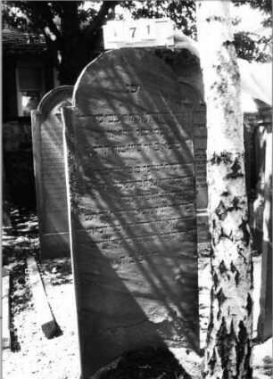 Grabstein 171 (Index: 100094322) Material: Sandstein Zustand: unten abgeblättert Maße HxBxT: 175x68x9 cm Beschreibung: Stele, eingezogener Rundbogenabschluß: Grabstein 171