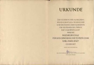 Urkunde, Gründung der Ingenieurschule für Maschinenbau und Textiltechnik Karl-Marx-Stadt
