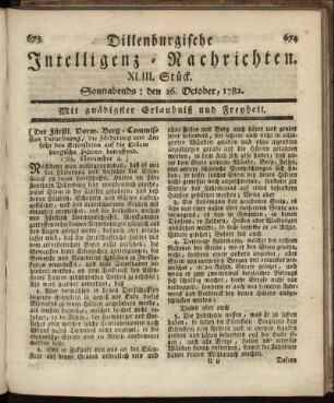 XLIII. Stück. Sonnabends : den 26. October, 1782.