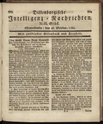 XLIII. Stück. Sonnabends : den 26. October, 1782.