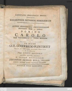Dissertatio Inauguralis Medica Sistens Sciagraphiam Phthiseos Nosologicam