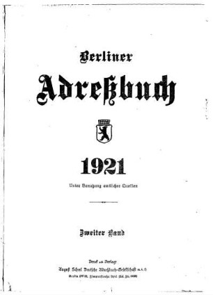Berliner Adreßbuch 1921 Zweiter Band
