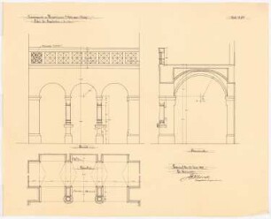 Herz Jesu Kloster, Fünfbrunnen (Cinqfontaines): Orgelbühne, Ansicht, Grundriss und Schnitt 1:20 der Klosterkapelle