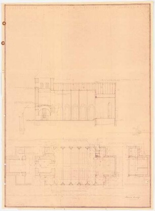 Apostelkirche Gütersloh Wiederaufbau: Grundriss, Längsschnitt 1:100