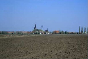 Blick über Acker zum Ort; Kirchturm und Pappeln