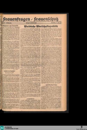 Der Volksfreund : Tageszeitung für das werktätige Volk Mittelbadens, Frauenfragen / Frauenschutz