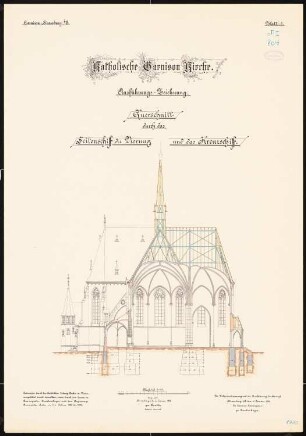 Katholische Garnisonskirche, Straßburg: Querschnitt durch das Seitenschiff, die Vierung und das Kreuzschiff, 1:100