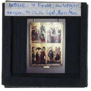 Russische Ikone, Die Auferweckung des Lazarus, Die Dreifaltigkeit, Die Läuterung, Hl. Johannes der Theologe und Prochorus
