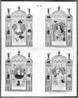 Bilderbogen mit vier weiblichen Heiligenfiguren